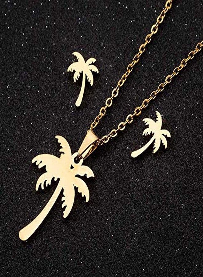 QIAN0813 Stainless Steel Hawaii Tropical Plant Pendant Necklace for Women Coconut Palm Tree Stud Earrings Beach Set Jewelry (Gold) - Image 2